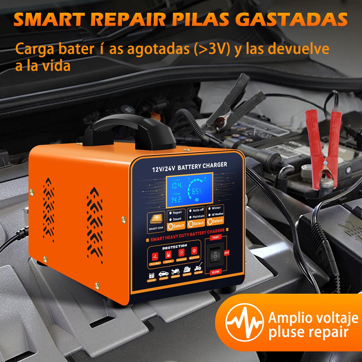 SolaMr 12V/24V Cargador Baterias Coche y Mantenedor Bateria, Arancador Batería Coche Inteligente Automático, 0-20A Car Battery Charger con Reparación, Modo Invierno, para AGM Coche Camión Moto