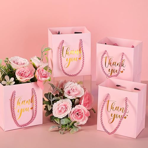 Miniatura 2 de 60 bolsas pequeñas de regalo de agradecimiento con asas de 4 x 2.75 x 4.5 pulgadas, papel de aluminio dorado para fiesta de agradecimiento de