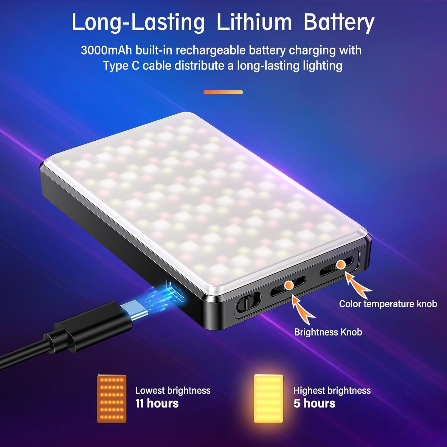 120 LED RGB luce video, luce portatile selfie con HUE 0-359°, 20 effetti luminosi, CRI 95+, luce video professionale con filtro colore e custodia in silicone, lampada fotografica per telefono/computer
