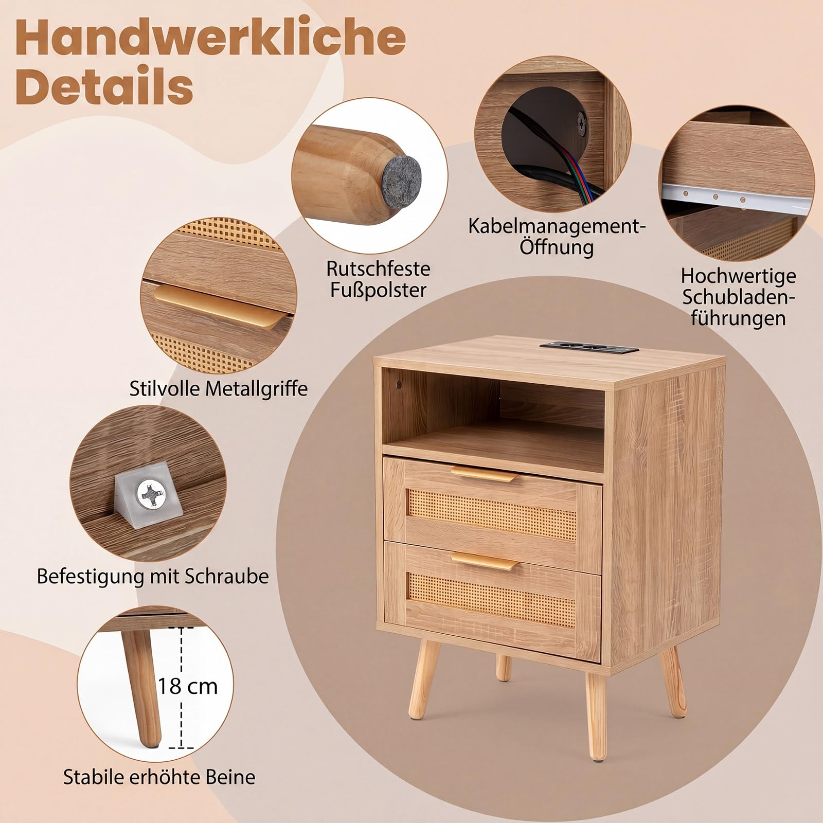 COSTWAY 2er Set Nachttisch mit Ladestation & LED-Leuchten, Holz Nachtkommode mit 2 Schubladen, Beistelltisch mit Rattan-Optik, Nachtschrank mit Fernbedienung, für Schlafzimmer， Wohnzimmer, Natur