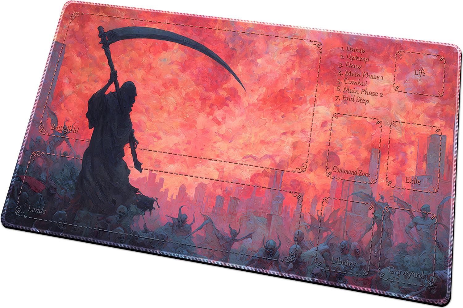 BUIBUIC MTG Playmats(Stitched) 14x24in Compatible for OCG CCG RPG TCG Playmats with Card Zones Storage Bag (Dance of Death-with Zone)