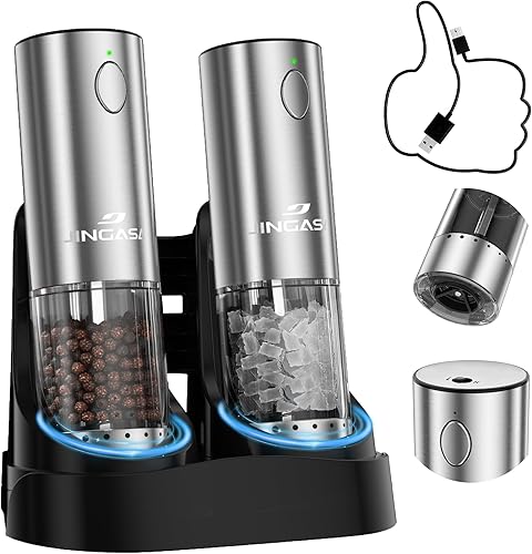 [Upgraded Larger Capacity] Electric Salt and Pepper Grinder Set with USB Charging Base, 95ml Large Capacity, Adjustable Coarseness,Stainless Steel Automatic Pepper Mill (Upgraded Adjustment-B)