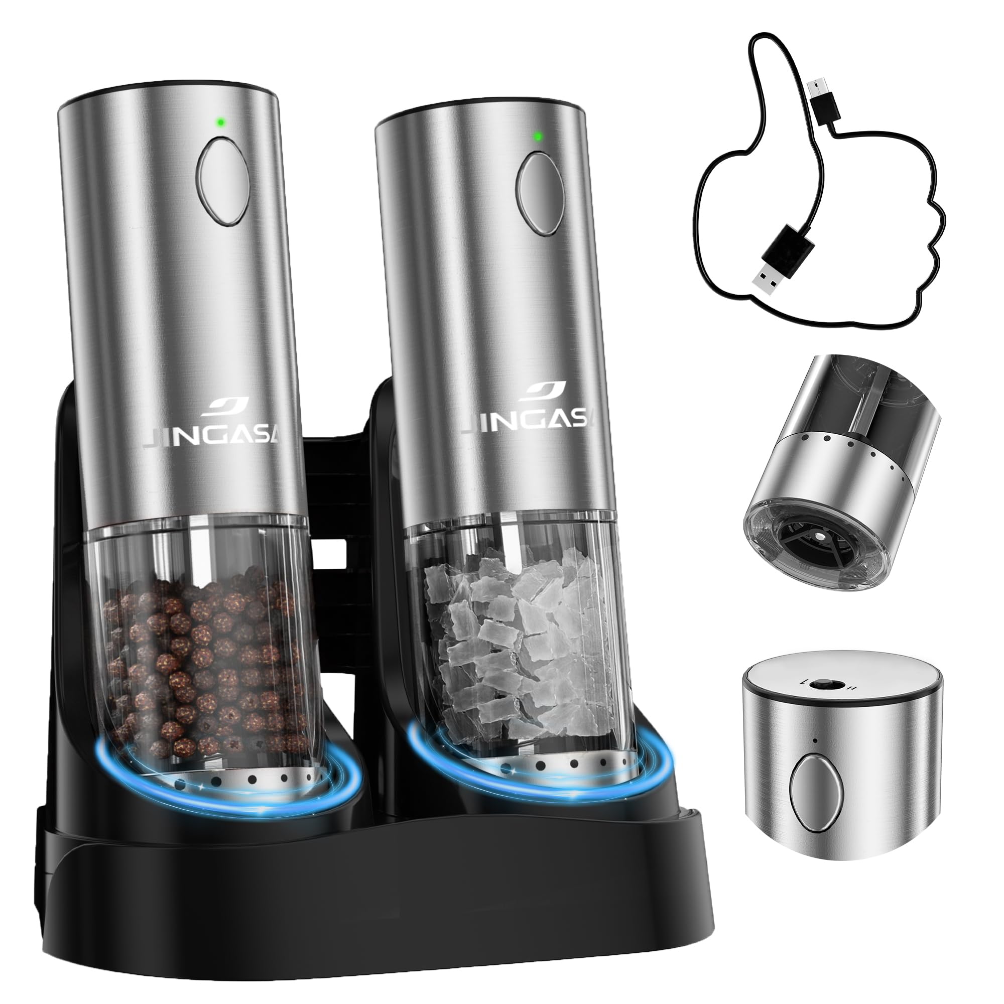 Electric Salt and Pepper Grinder Set with USB Charging Base, 95ml Large Capacity (Upgraded Adjustable Coarseness)