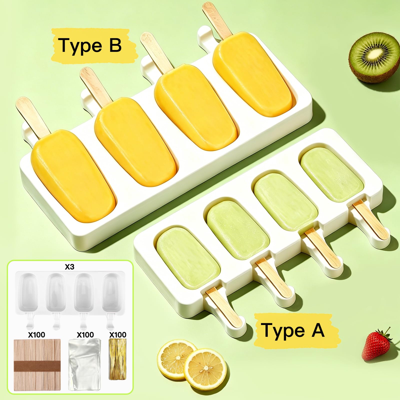 Moules à Glace en Silicone, Moule Magnum Cake, Moule Glace à l'eau réutilisables, Faciles à Démouler, sans BPA, avec 100 sachets + 100 bâtons + 100 bande d'étanchéité (A)