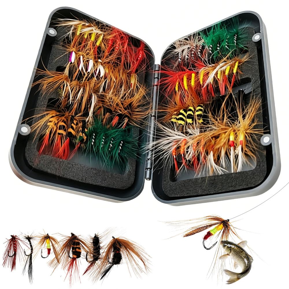 LUFEIS Fly Fishing Flies Kit, 64Pcs Dry/Wet Flies & Nymphs Assortment with Storage Box, Handmade Realistic Fishing Lures for Trout, Bass, Salmon, Grayling & Bleak, Ideal Fishing Accessories