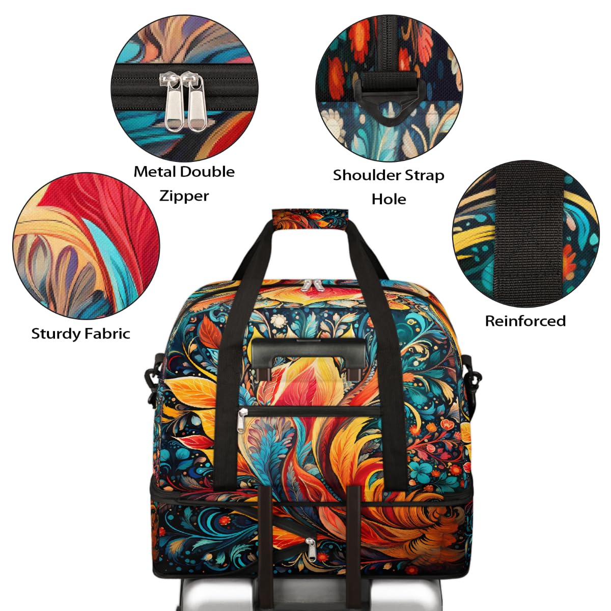 Borsone da viaggio pieghevole con motivo cachemire floreale bohémien, borsa da palestra espandibile con scomparto per scarpe, borsa da weekend di grande capacità, borsa da viaggio, sport, viaggi