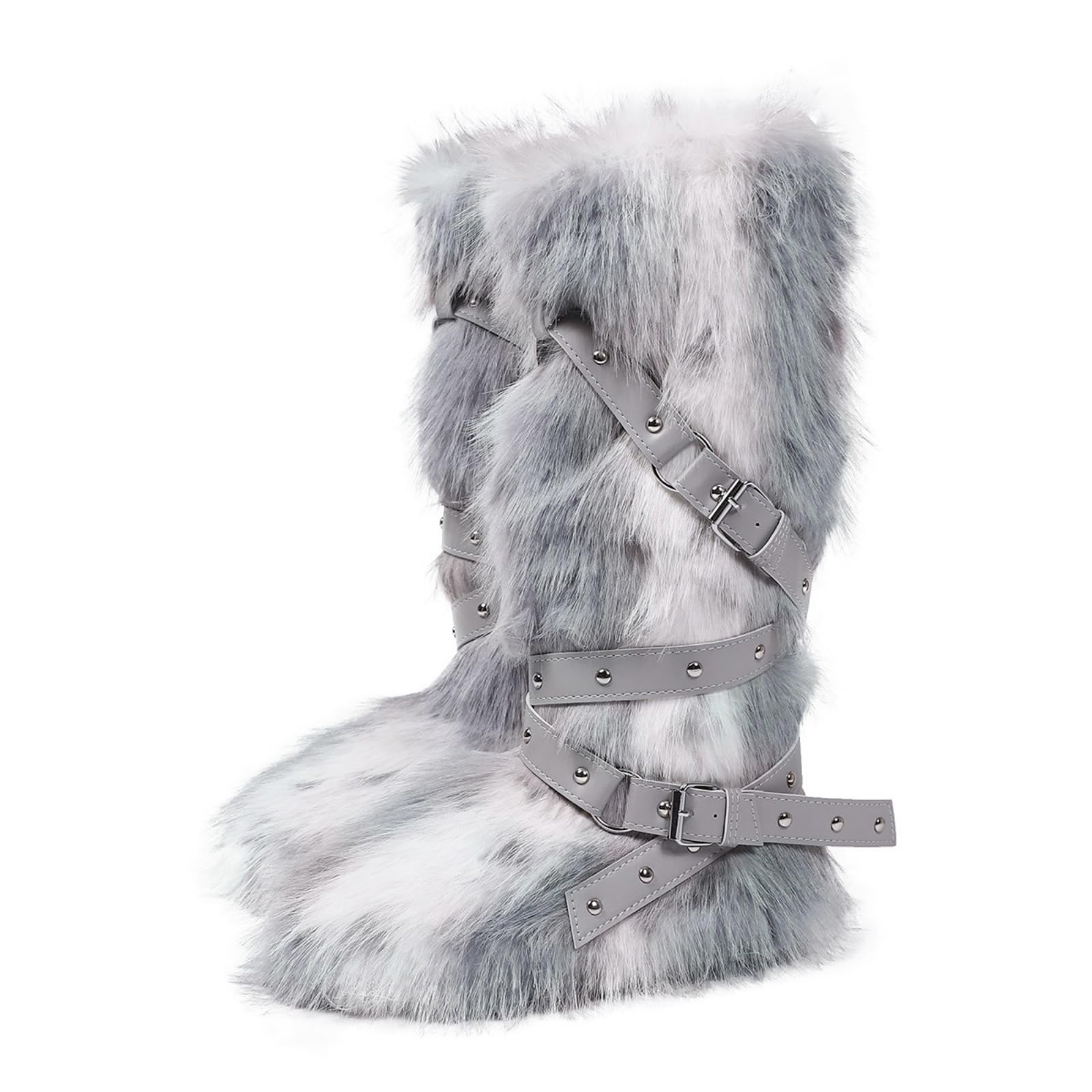 Women Knee High Furry Faux Fur Boots Fuzzy Fluffy Round Toe Anti Slip Ankle Strap Rivet Shoes Winter