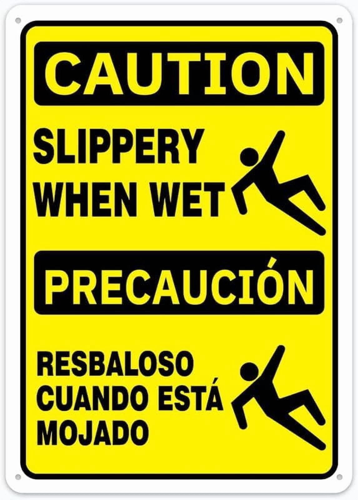 (2-Pack) Metal Tin Sign Caution Sign Slippery When Wet Bilingual Sign Restriction Alert Attention Caution Warning Notice 8"X12" Sign Plate