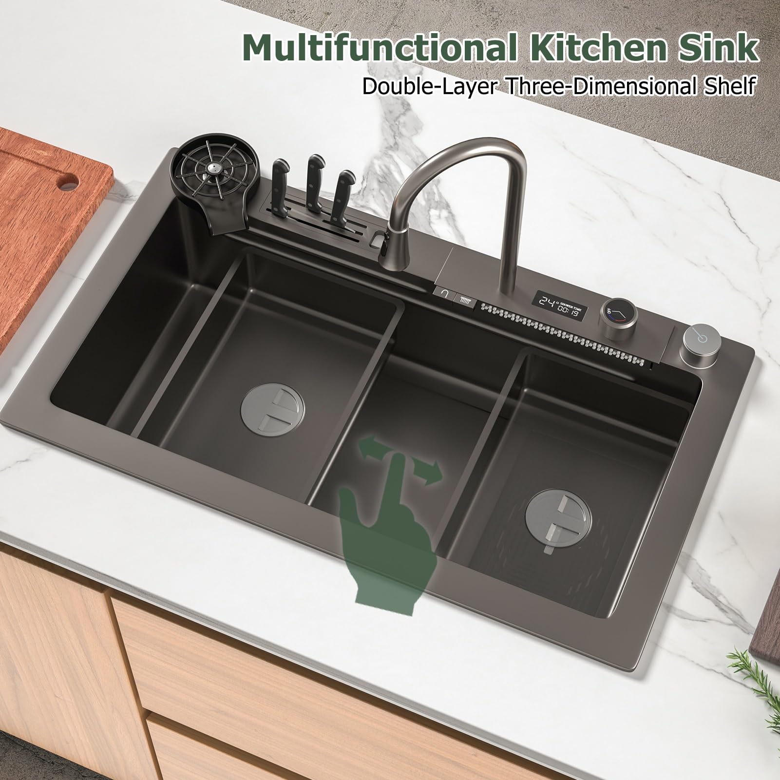 Stainless Steel Waterfall Kitchen Sink Set, Single Bowl Workstation With Digital Display Pull-Out Faucet, Cup Washer, 13-Piece Accessory Kit, Kitchen Sink With Water-saving Features(Black-Grey,75x46cm
