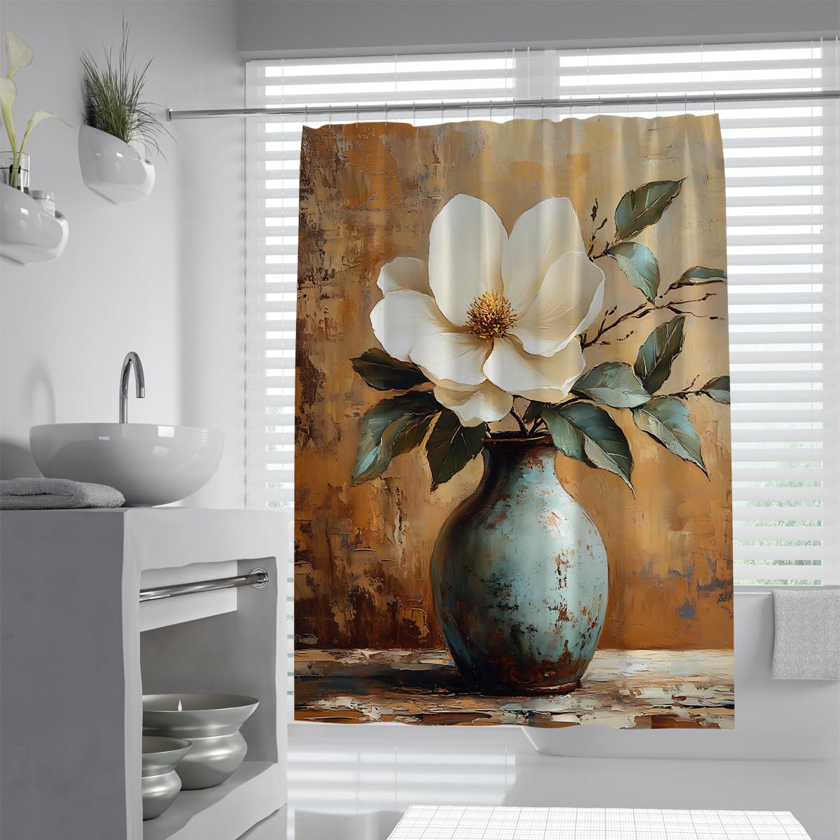 Rideau douche Vase Magnolia Vintage W100xL180cm étanche en tissu marron teal avec crochets
