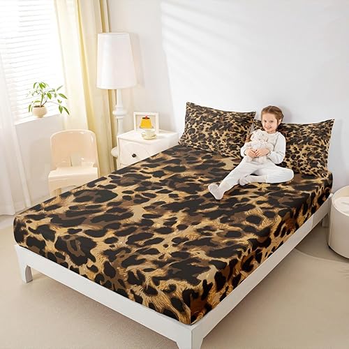 Miniatura 3 de Sábana bajera ajustable con estampado de leopardo marrón, decoración de lujo para habitación de niños y niñas, funda de cama abstracta de piel de