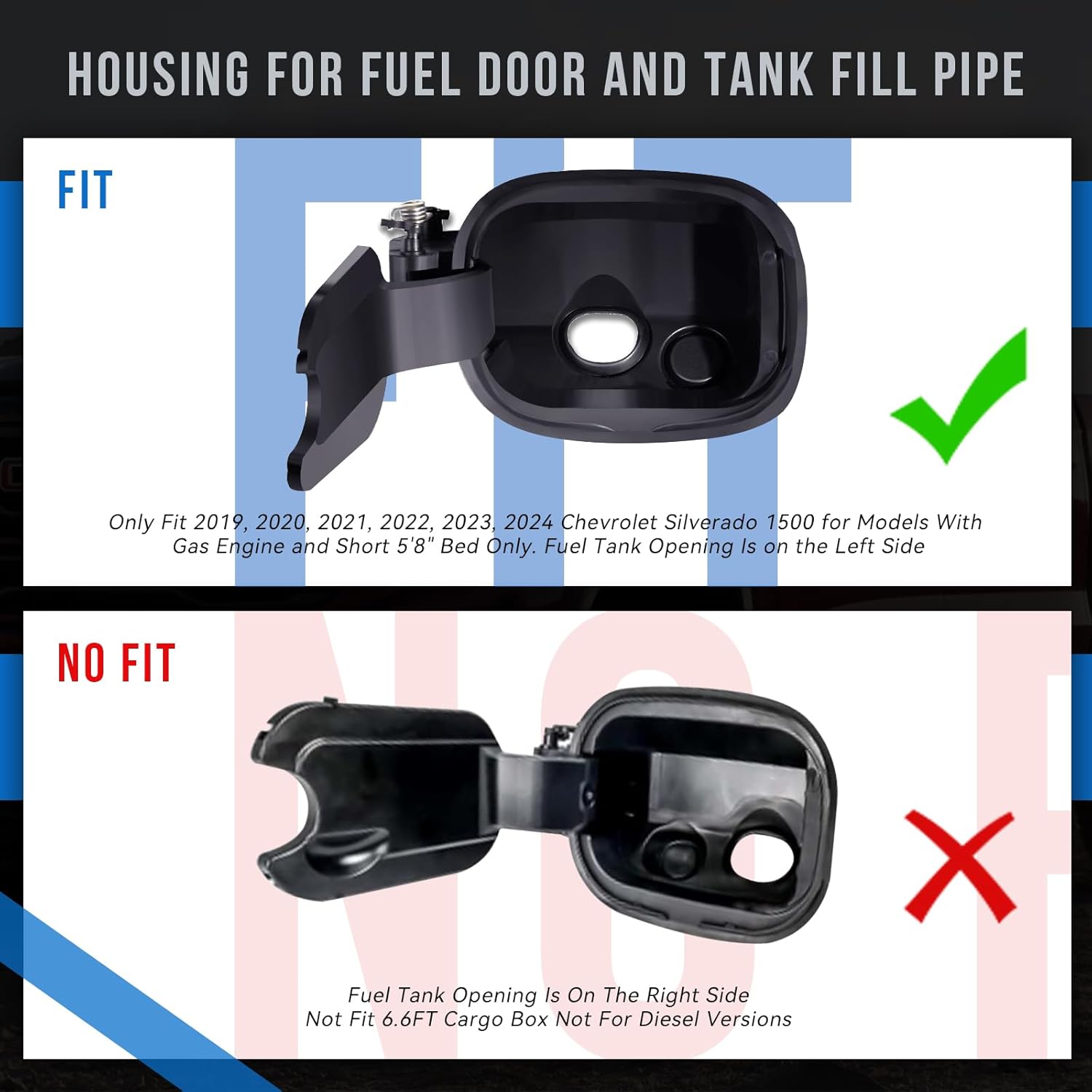 Fuel Door Tank Filler Pipe Housing Compatible with 2019-2024 Chevrolet Silverado 1500 With 5' 8" Bed ONLY, Gas Models ONLY, Fits to Fuel Tank Opening on the Left Side ONLY (84745940)