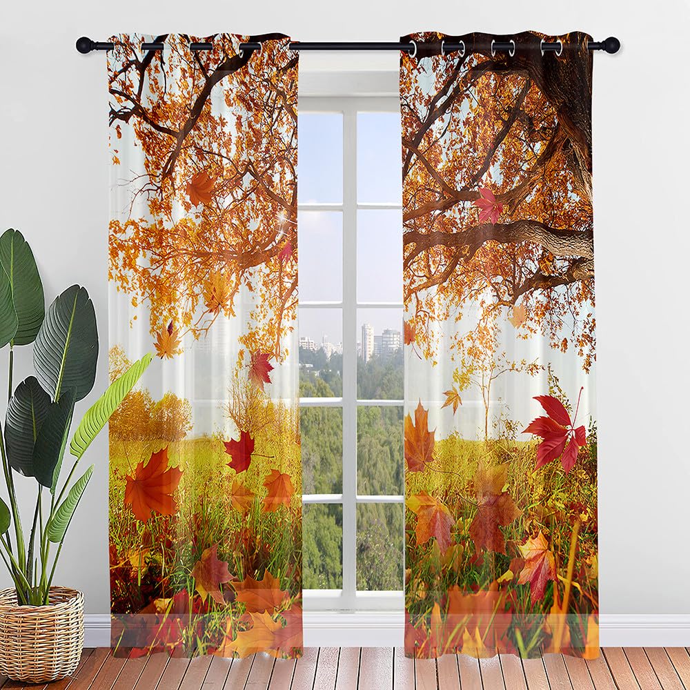 Tende Per Interni 2 Pezzi Con Stampa Foglie 3D - Voile Semi Trasparente Con Occhielli, 132x244 Cm, Verde - 3