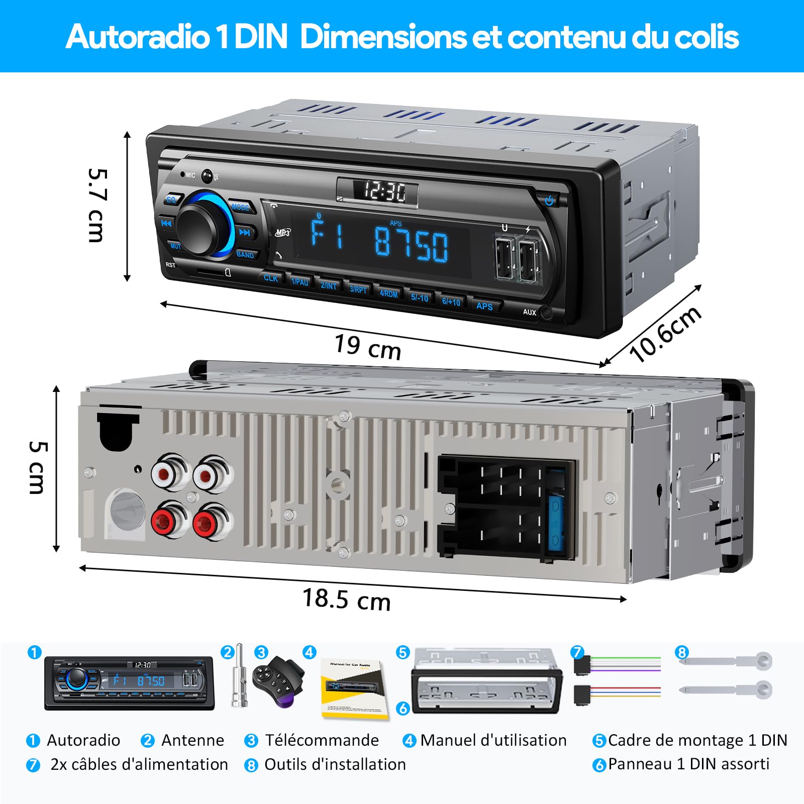 RDS Stereo Autoradio Bluetooth 5.0,12V/24V con Display Orologio LCD, FM/AM, illuminazione a 7 colori, 4x65W 1 Din per auto, Supporto Vivavoce 2USB/AUX/SD/TF/MP3/FLAT