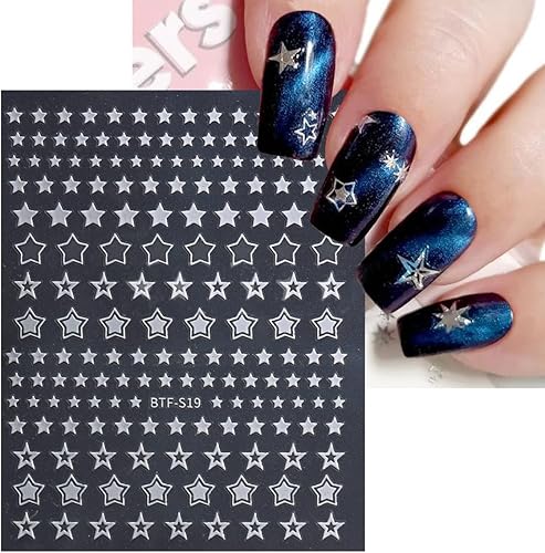 Miniatura 6 de 6 hojas de calcomanías de arte de uñas de estrella, calcomanías de uñas de metal 3D, calcomanías autoadhesivas para uñas doradas, plateadas, negras,