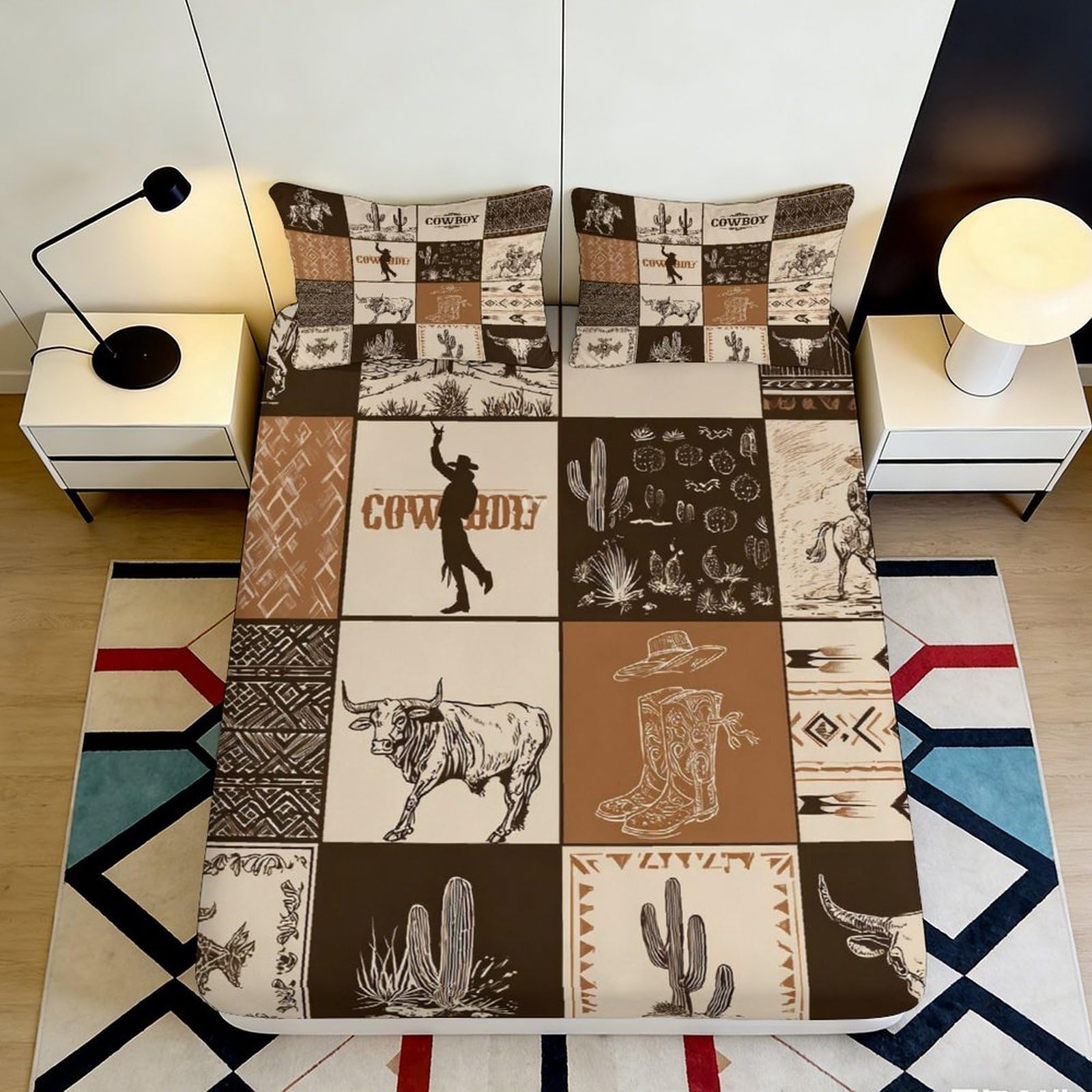 3D Printed Western Cowboy Fitted Sheet Microfiber Brown Cactus Bed Cover for Bedroom Guest Room Mattress Decor 90x200x25cm