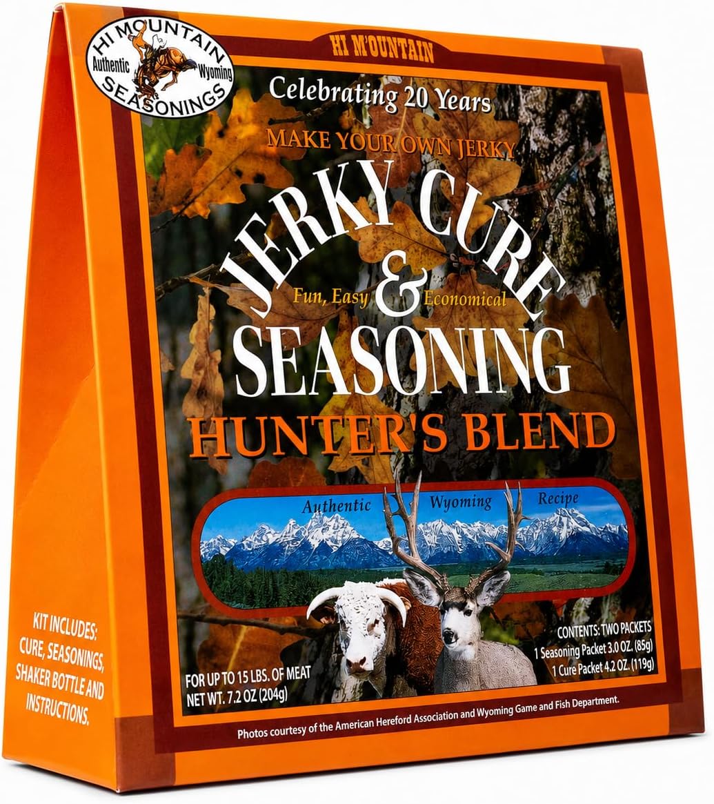 Hi Mountain Jerky Seasoning and Cure Kit | HUNTERS BLEND Beef Jerky Seasoning | Perfect for Beef, Venison, Elk, Deer, & Wild Game | For Smoker, Dehydrator & Oven | Seasons up to 15 lbs of Meat