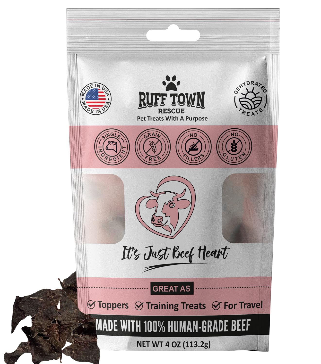Ruff Town Dog Treats - Human Grade Beef Heart | Dehydrated Single Ingredient | High Protein, Low Fat, Hypoallergenic, Grain Free Training Treats |