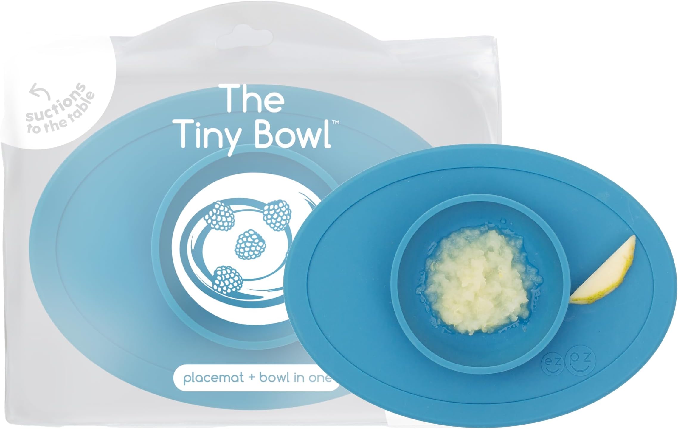 Tiny Bowl - 100% Food Grade Silicone Suction Bowl with Built-in Placemat for First Foods, Promotes Baby Self-Feeding, Non-Slip - Fits on All Highchair Trays - Microwave Safe - 6 Months+ (Blue)