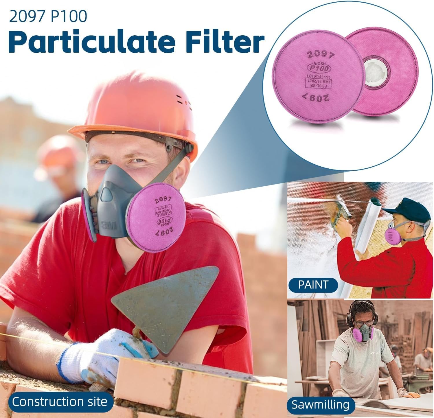 12pcs 2097 Filters for Respirator, Particulate Filter Cotton for P100 Filter Holders Filter Retainer Replacement for 6000 6200 6800 7000 FF-4 Series Breathing Mask for Against Dust (2097-12pcs) — view 3