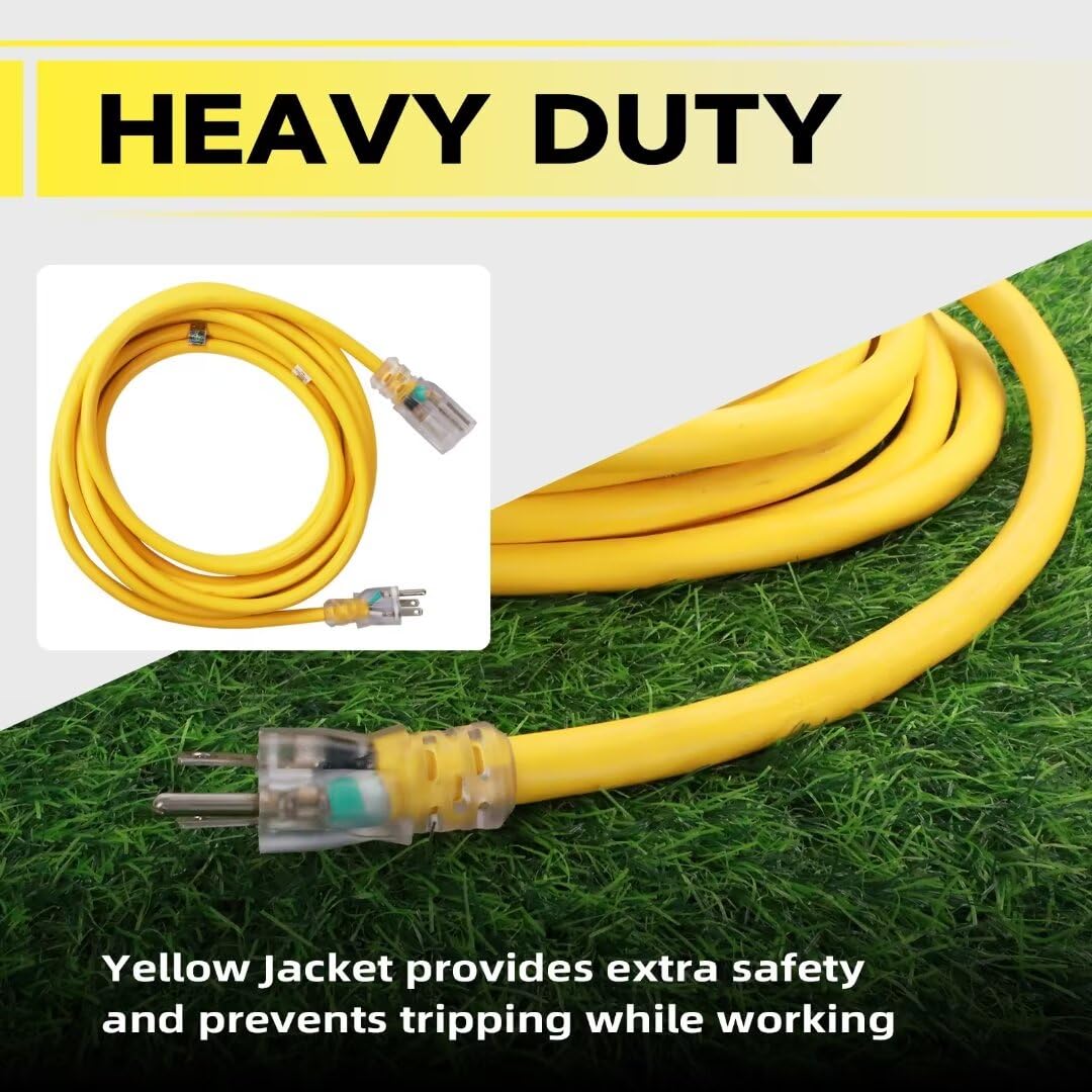 Cable de extensión iluminado para exteriores de 10 pies – 10/3 SJTW cable de extensión amarillo resistente con enchufe de tierra de 3 puntas para mayor seguridad, listado UL