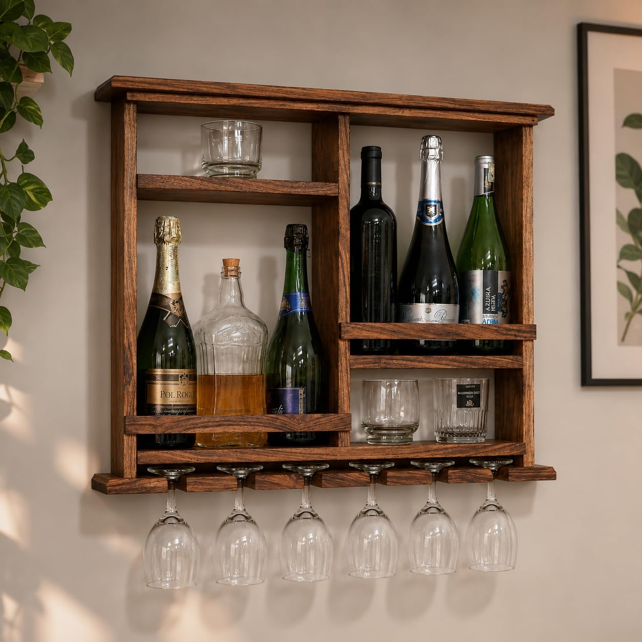 Jorden Wooden Wall Hanging Design Bar | Bar Cabinets for Home | Mini Bar for Home | Solid Wood Wine Storage Cabinet with Glass Hanging Space Color [ Dark Natural FINISE ]-image-31