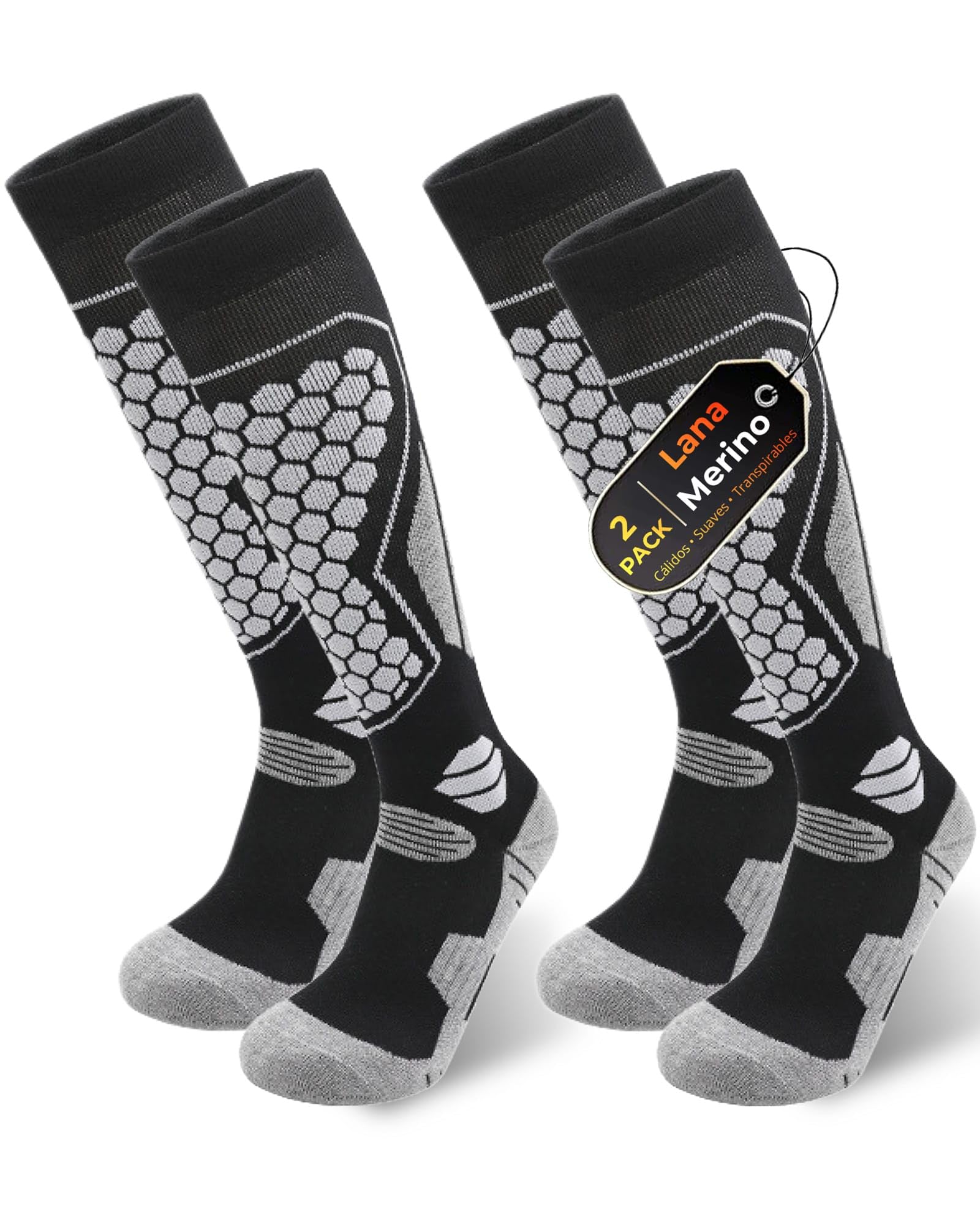 Calcetines de Esquí Lana Merino Térmicos – 2 Pares Calcetines Altos para Hombre y Mujer, Cálidos, Transpirables e Imbottados para Nieve, Snowboard y Invierno