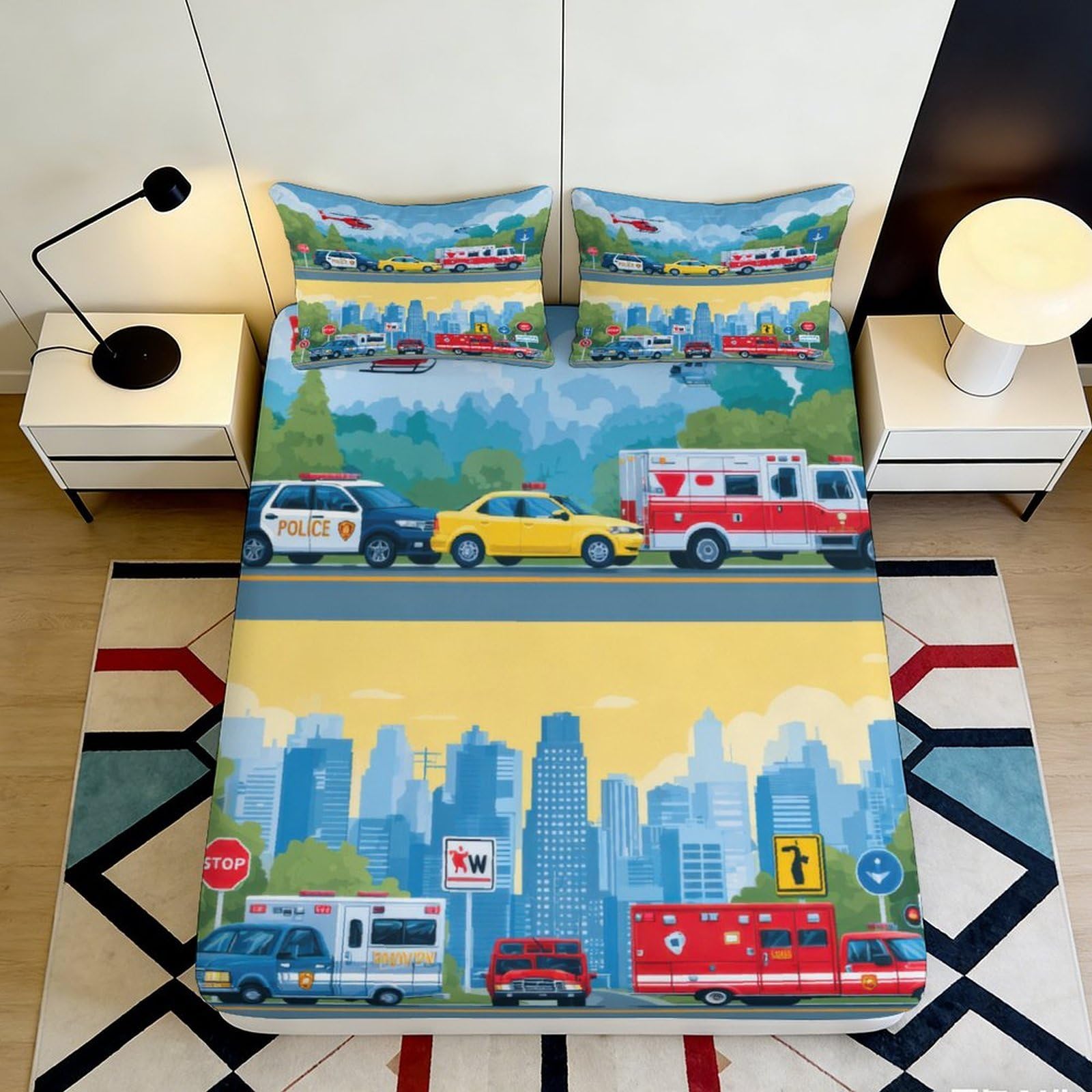 3D Printed Emergency Vehicles Fitted Sheet Microfiber Durable Soft 3D Printed Cityscape Bed Cover for Bedroom Dormitory Guest Room Mattress Protection 180x200x25cm