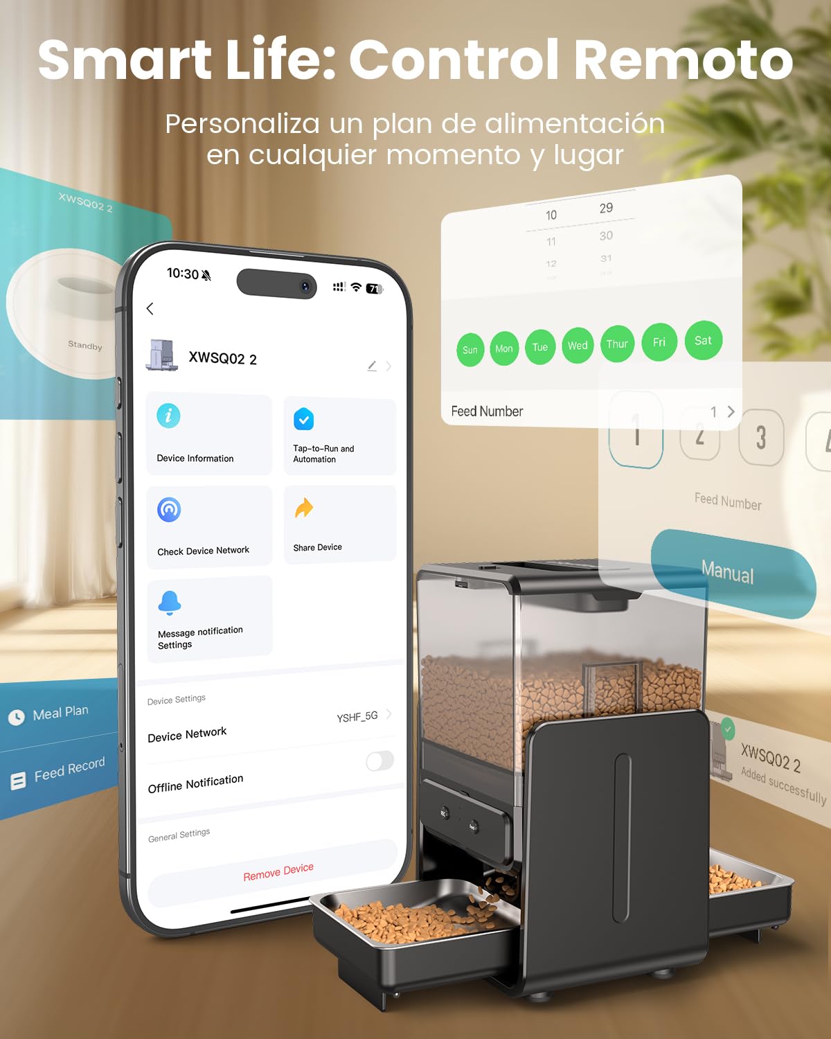 Comedero Gato Automatico con Control App para 2 Gatos, Altura Ajustable para Mascotas Pequeñas, Dispensador Comida Gatos de 5 litros para Alimento Seco, Grabadora de Voz