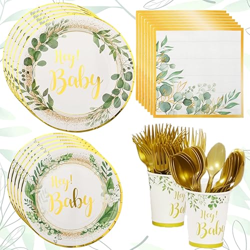 Miniatura 7 de 151 piezas de suministros para fiesta de baby shower, tazas de papel verde, platos, servilletas, cubiertos, kit para 25, decoración de vajilla