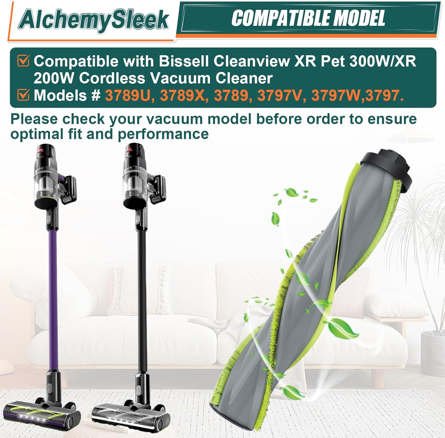 2 Pack Brush Roll Replacement for Bissell Cleanview XR Pet 300W/ Cleanview XR 200W/ Powerlifter Turbo Cordless Stick Vacuum Cleaner 3789X, 3789U, 3789, 3797V, 3797W, 3797 (Green)