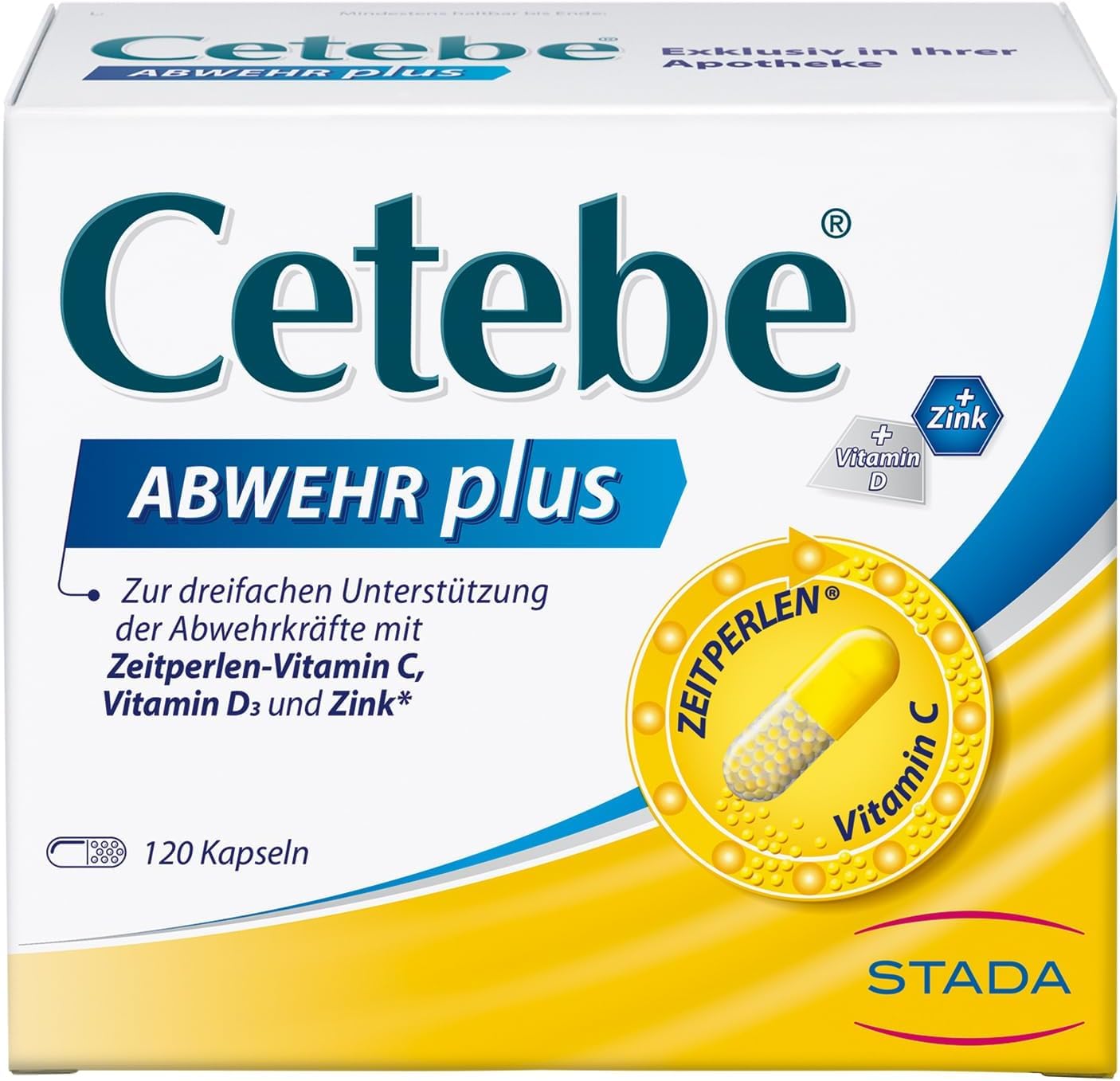 Cetebe Abwehr plus - Nahrungsergänzungsmittel zur dreifachen Unterstützung der Abwehrkräfte mit ZEITPERLEN - Vitamin C, Vitamin D und Zink - 1 x 120 Kapseln