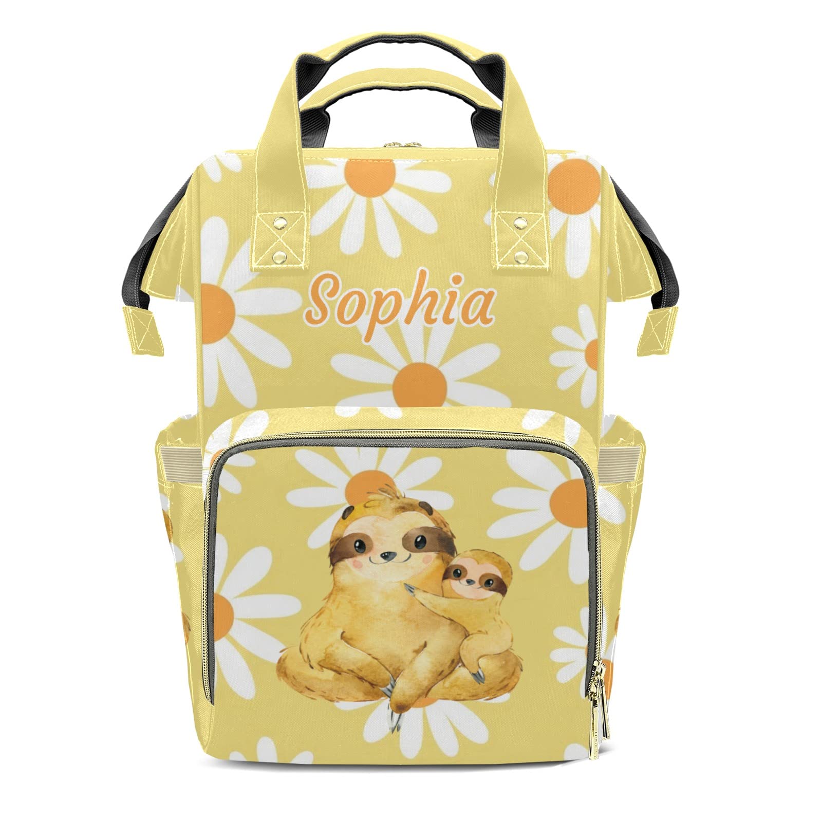 SunFancyCustom Sloth White Daisy Cute Diaper Bag Baby Nappy Bag Daughter Multi-Function Custom Baby Bag Picnic Diaper Carrying Bag Unisex Gifts with Name