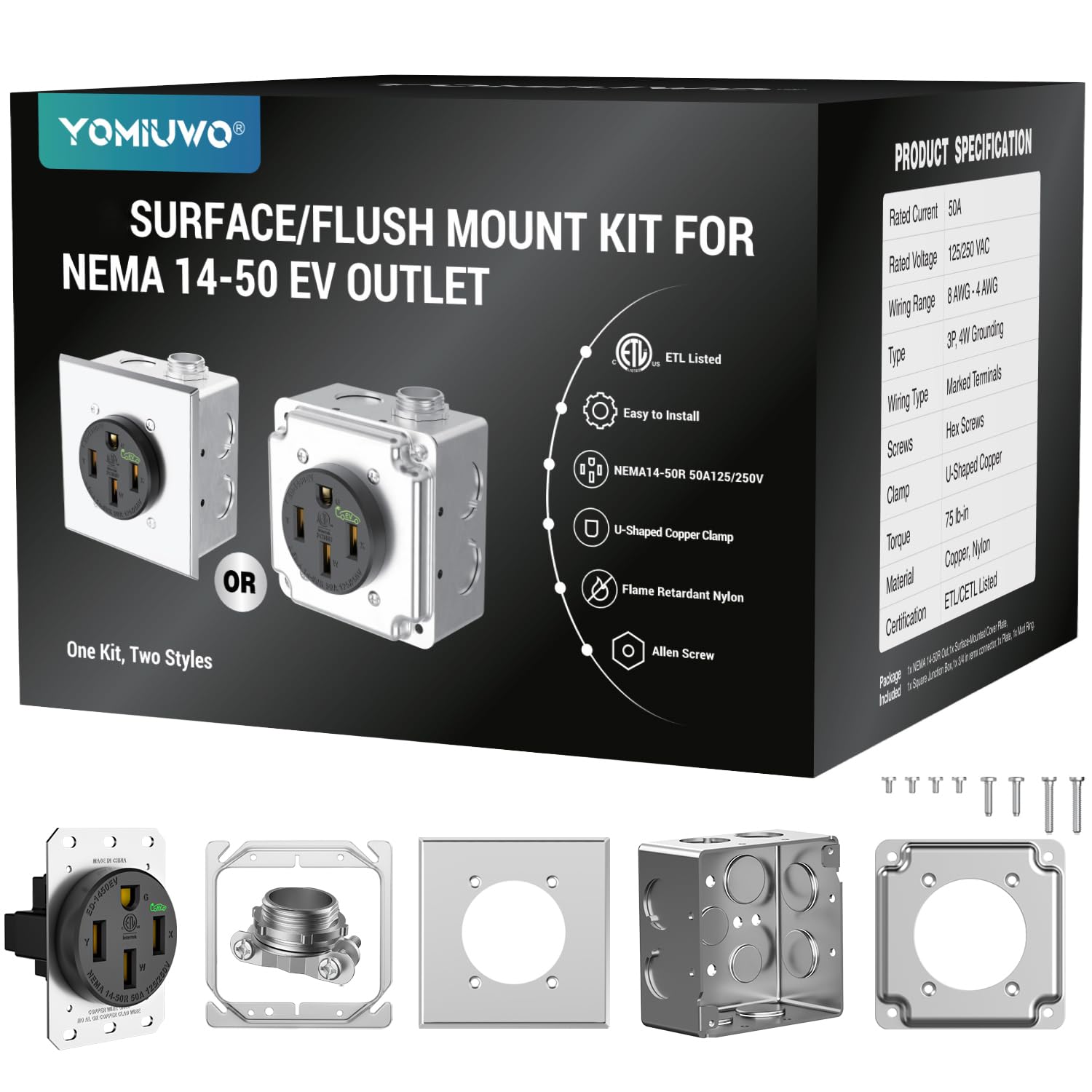 Nema 14-50 EV Outlet (Surface/Flush Mount Kit) 50 Amp EV Charging Receptacle Heavy Duty, U-Shaped Brass Clamp -Industrial Grade, 3-Pole 4-Wire Grounding, ETL Listed