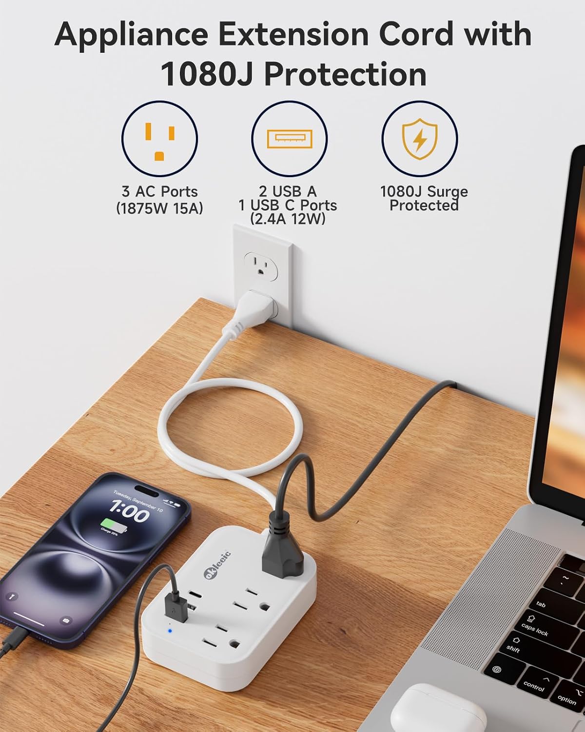 Short Extension Cord 2 Foot - Small Surge Protector Appliance Power Strip, 14 Gauge Heavy Duty Extension Cord with 3 Outlets 3 USB, High Wattage for Microwave, Workbench, Kitchen, Garage Must Have image 3