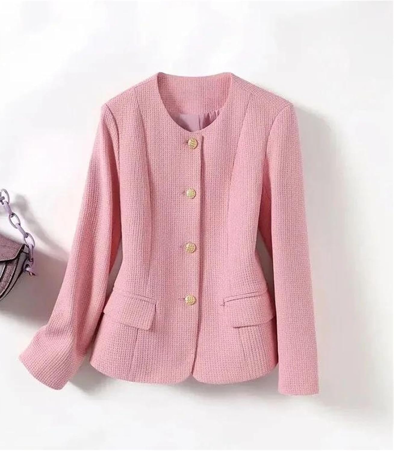 Womens Round Neck Short Blazer Jacket Long Sleeve Stylish Workwear Coat Elegant Office Look