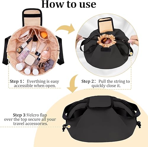 Miniatura 6 de Bolsa de maquillaje con cordón de barril, bolsa de maquillaje de viaje grande, bolsa de cosméticos portátil de gran capacidad, organizador de