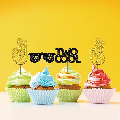 Miniatura 6 de Juego de 24 dos geniales adornos para cupcakes para 2º cumpleaños, purpurina dorada y negra con purpurina de feliz segundo cumpleaños para el