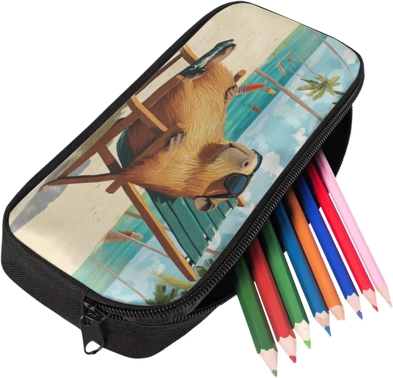 Capybara Backpack for Kids Beachy Cool Boys Bookbag Age 6-8 with Lunch Box 3 in 1 17 Inch School Bag for Kids 3rd Grade Minimalist Pencil Case for Primary School