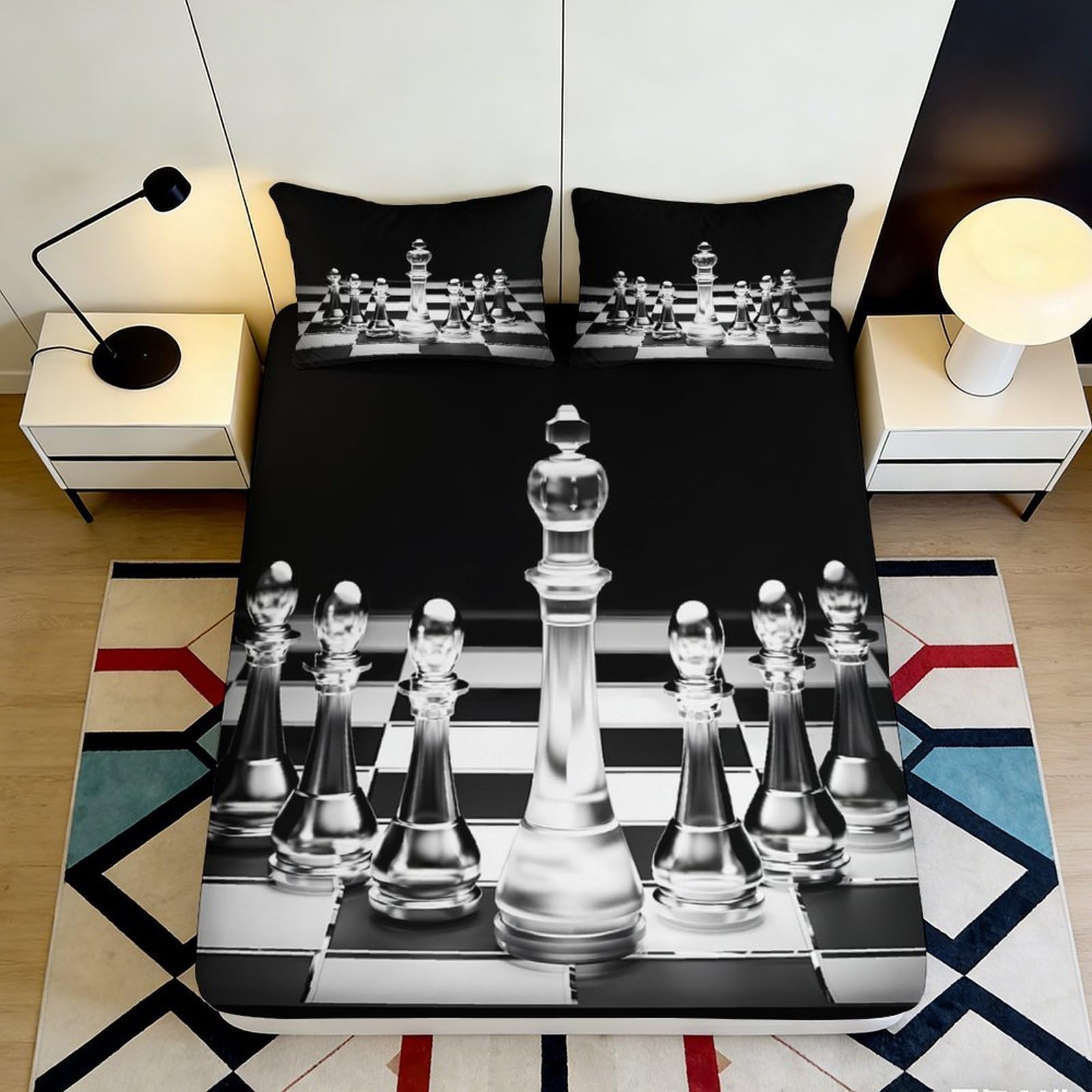 3D Printed Chess Board Fitted Sheet Microfiber Soft Black White Glass Pieces Bed Cover for Bedroom Dorm Decor 90x200x25cm