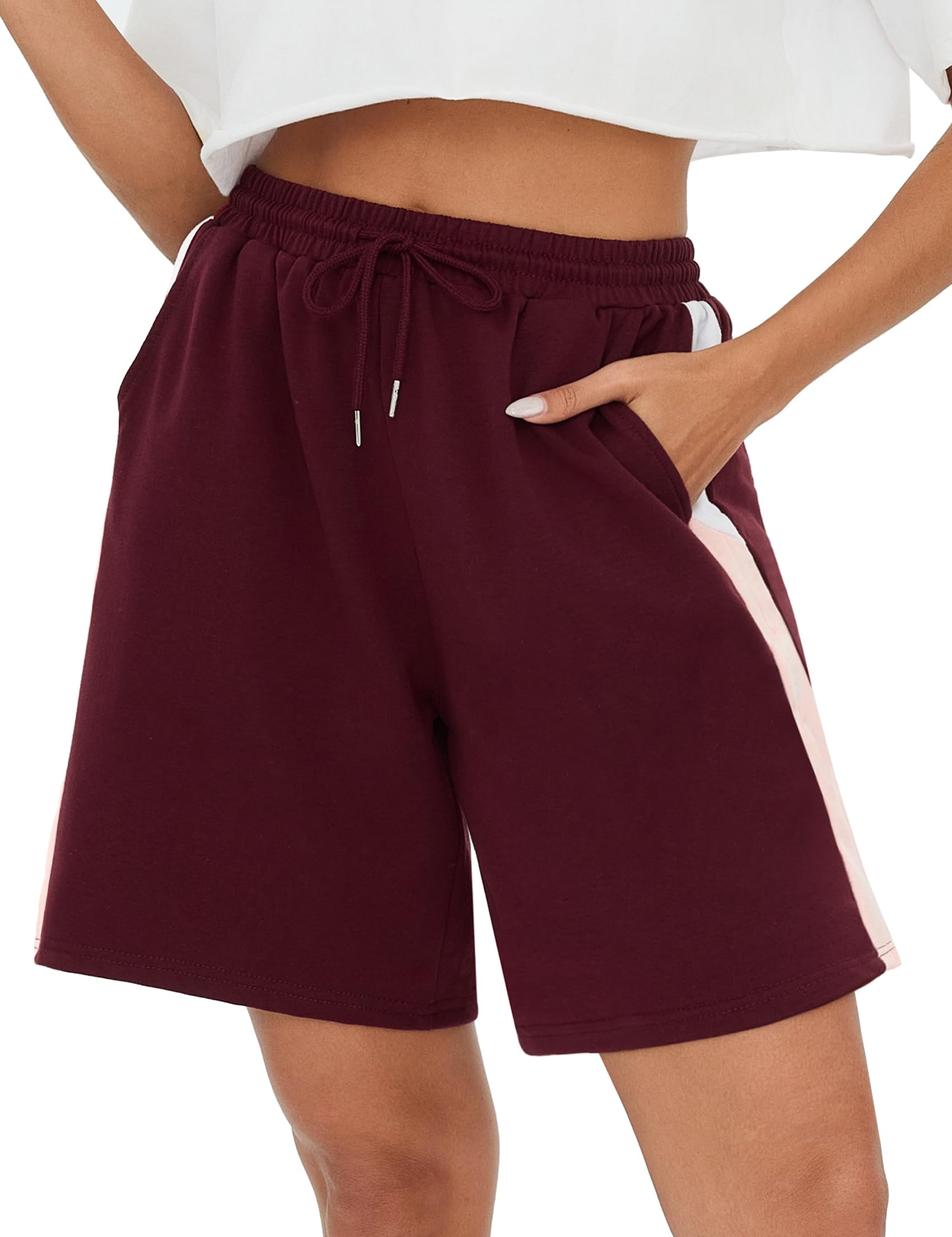 Terecey Sport Shorts Damen Lockere Casual Bermuda Kurze Hosen Weich Streifen Jogginghose High Waist Freizeithose mit Taschen und Kordelzug fur Running Yoga Fitness Lounge Fitnessstudio S-XXL