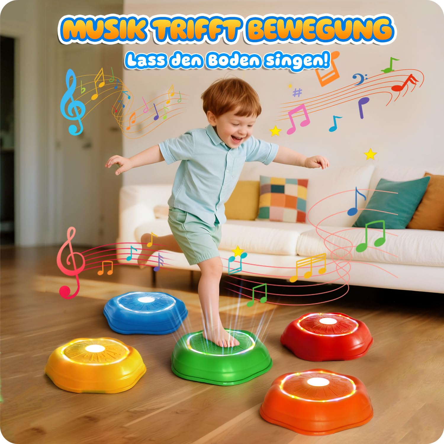 Lot de 5 pierres empilables pour enfants, avec lumière et musique, pierres d'équilibre, pour l'intérieur et l'extérieur, antidérapantes, empilables, pour la motricité et l'entraînement d'équilibre à