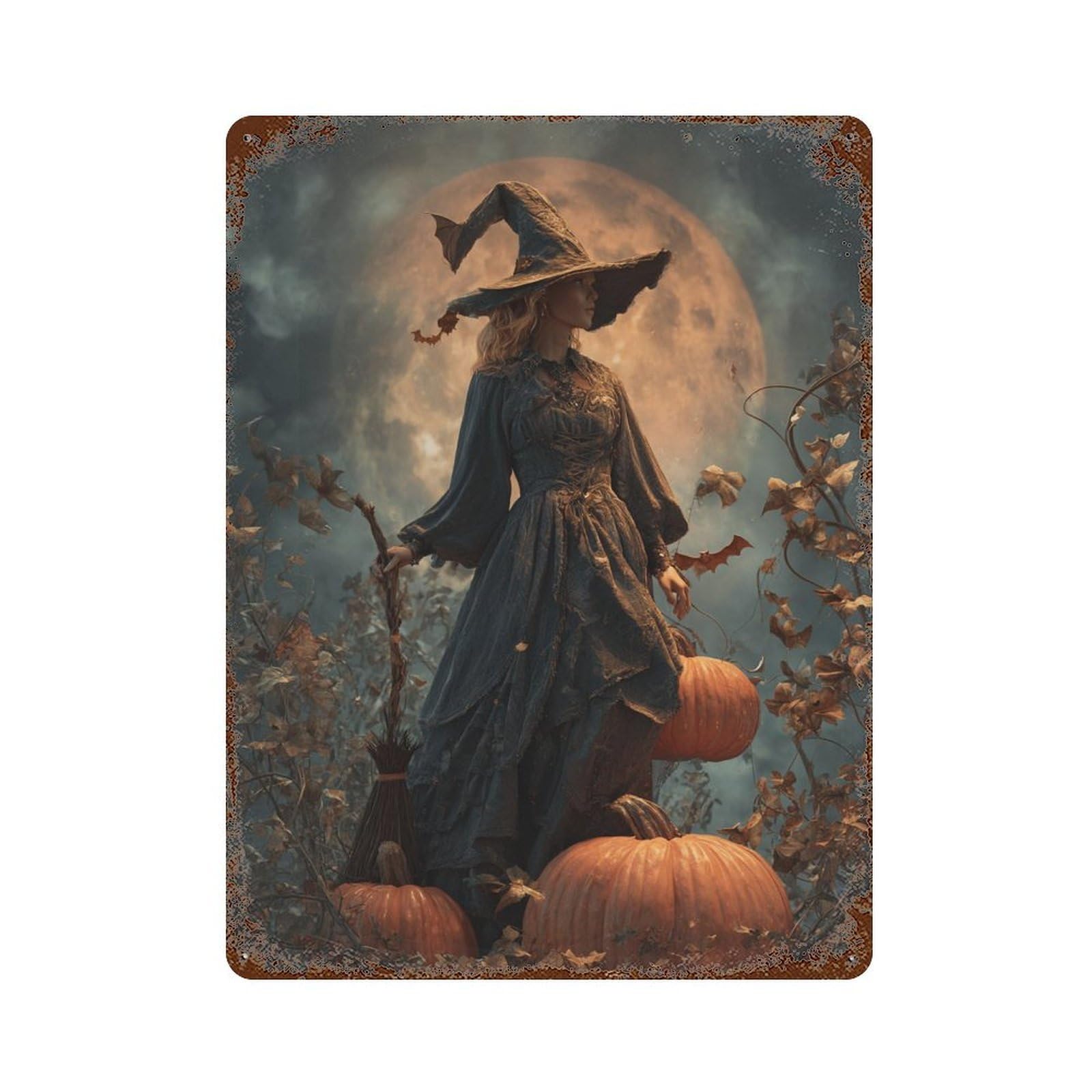 Halloween Witch with Pumpkins Vintage Rust Metal Sign 15.7"x11.8", for Garage, Bar And Workshop Decor, Decorative Metal Wall Art