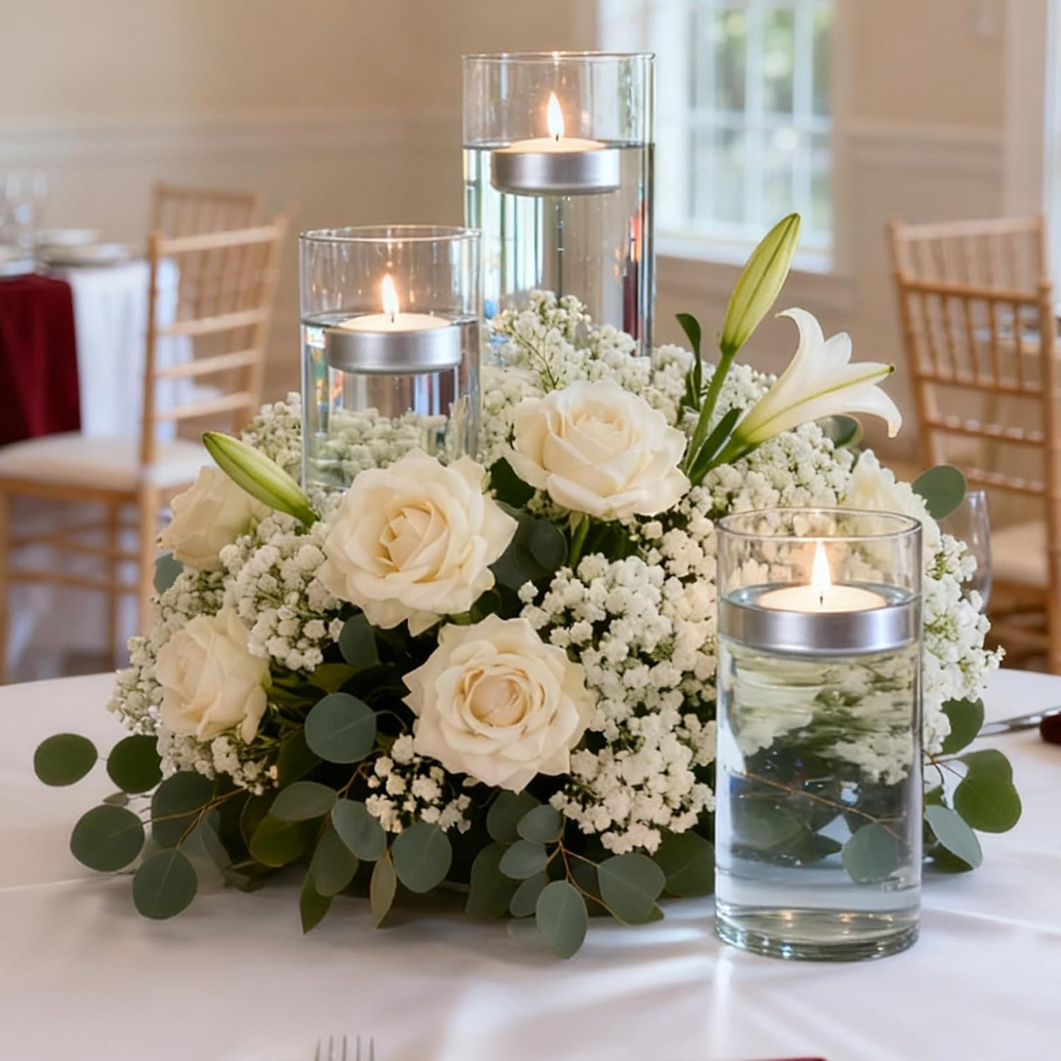 3 inch Floating Candles 8-9 Hours Silver Floating Candle for Centerpieces 30 Packs Unscented Floating Candles 3” Water Candles for Cylinder Vases, Pool, Wedding