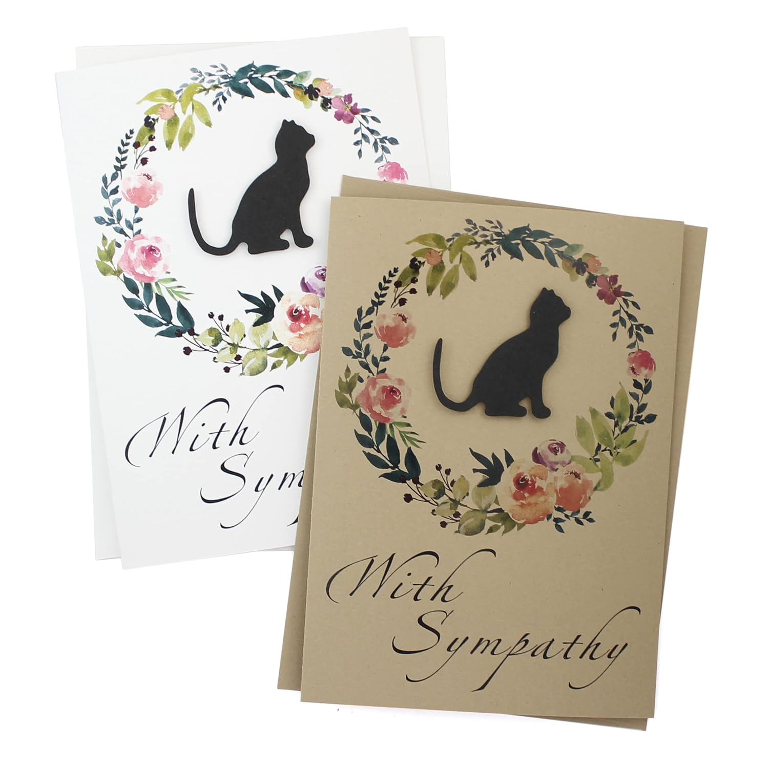 Cat Floral Wreath Sympathy Card | Handmade 5x7 Pet Condolences Greeting | White or Kraft Brown | Choose Inside | Watercolor Wreath (Custom Cat) Thumbnail