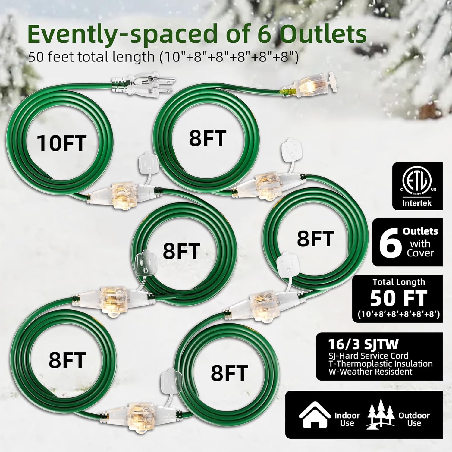 Christmas 50 FT Outdoor Extension Cord with Multiple Outlets, 6 Evenly Spaced Outlets with Indicator Lights, 16/3 SJTW Weatherproof Power Cord Outdoor for Christmas, Halloween, Holiday Decorations