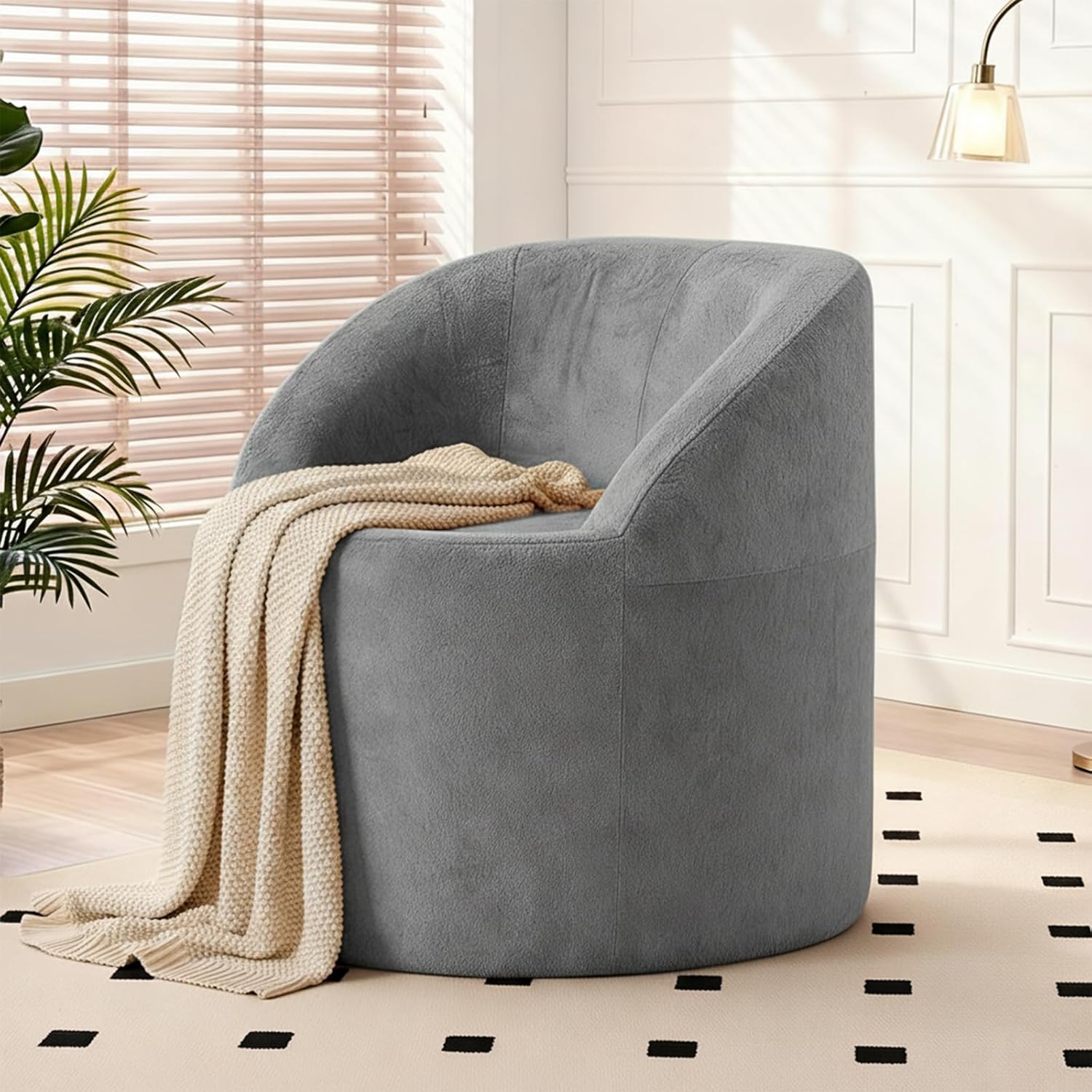 Barrel Accent Chair, Modern Chenille Reading Chair with Ergonomic Curved Back, Round Supportive Armchair for Living Room, Bedroom, Reading Corner & Office, No Assembly Required, Dark Grey