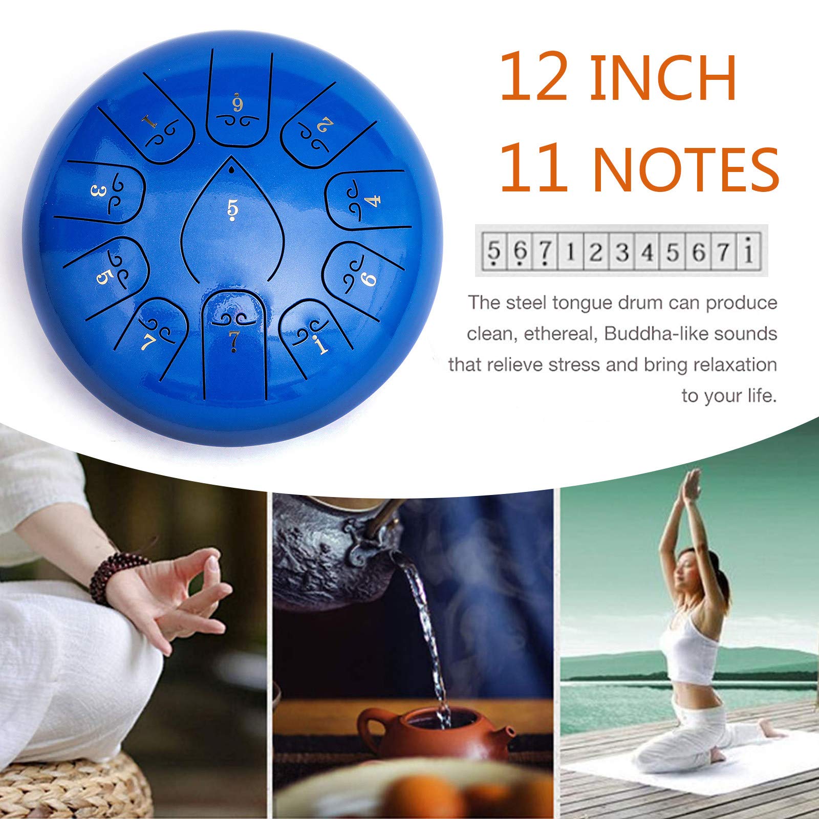 Stalowy bęben dla dzieci Dorośli, 11 nut, 12-calowy bęben Handpan z torbą podróżną Music Book Mallets, instrument perkusyjny do koncertu Mind Healing Yoga, brązowy