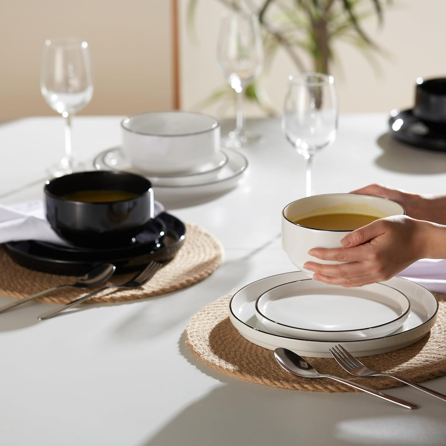 Ceramic Dinnerware Set, 12-Piece Service for 4, Round, Microwave and Dishwasher Safe, Cambridge Classics (French) - Image 3