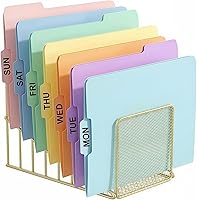 Vista 1 de Simmer Stone Gold Desk Organizer 7 Slot Inclined Vertical File Folder Holder Sorter with Mesh Front Metal Wire Rack for Mail, Slim Binders, Books